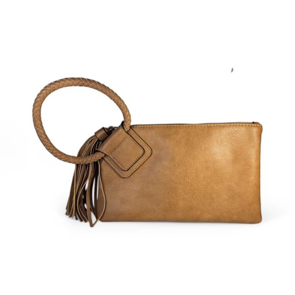 BoHo Vegan Leather Clutch with Braided Cognac Colored Wristlet Handle & Tassels - Picture 1 of 8